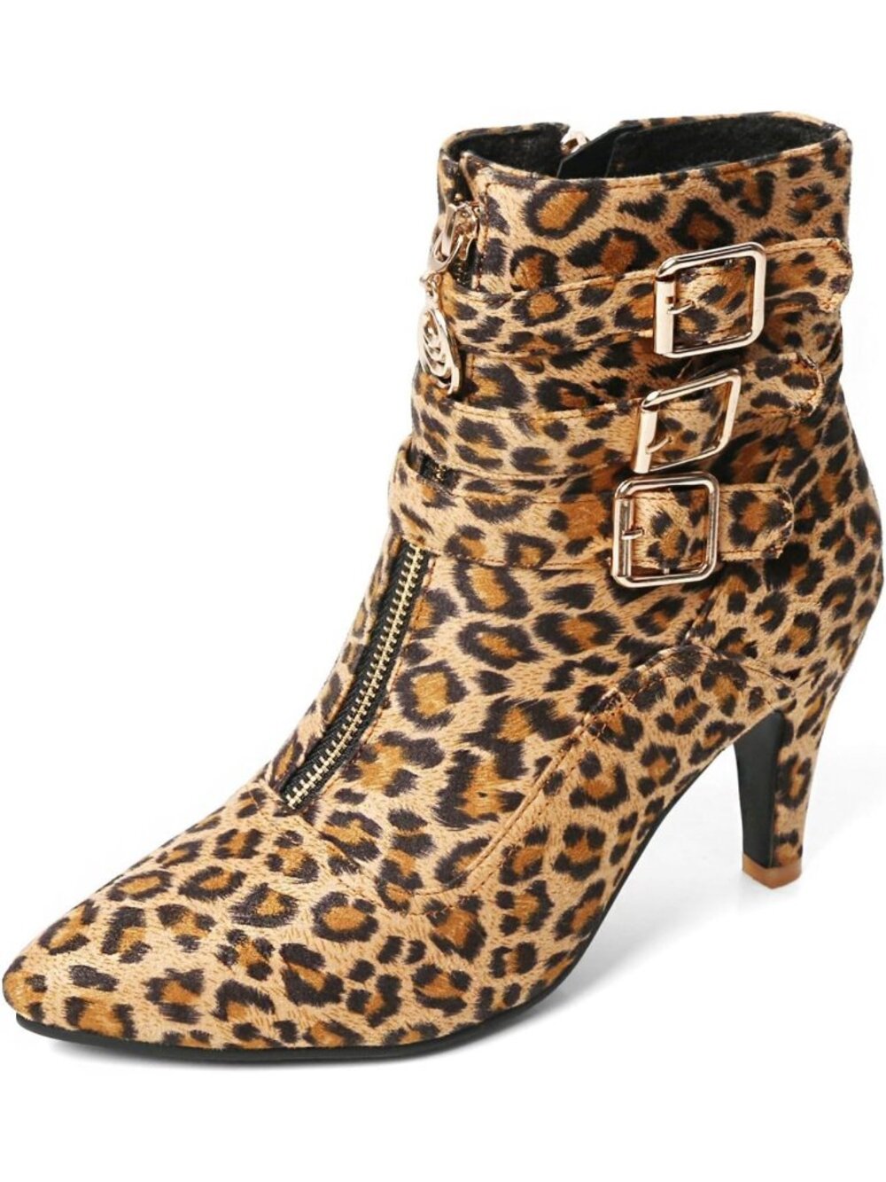 Women's Leopard High Heels Pointed Toe Ankle Short High Heeled Metallic Booties